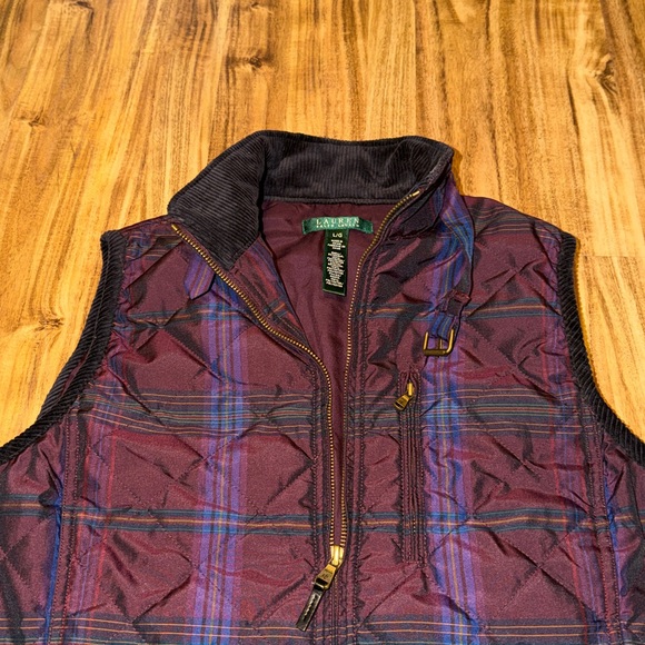Ralph Lauren women’s large vest quilt plaid purple Deep red Jacket corduroy trim - Picture 2 of 9